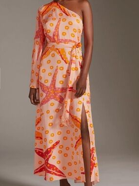 Farm Rio x Anthro One-Shoulder Starfish Pink + Orange Satin Maxi Dress, Size L